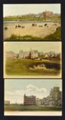 3x interesting early St Andrews Golf Links coloured post cards - View of City from the Seventeenth
