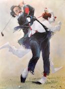Robert Owen (After) Colourful print of golfing clowns - framed and glazed 30 x 24