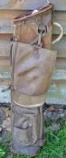 Period full leather oval golf bag c/w travel hood, ball pocket and original shoulder strap (F)