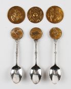 3x Various Sport Brass Discs depicting Tennis, Cricket and Motorcycling measuring 4cm diameter