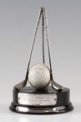 Fine 1929 Silvertown Hole in One silver golf trophy - comprising 3x golf clubs holding the Lynx