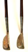 2x James Braid Orion wide flanged sole putters - with flat sided hosel and shaft - one shortened