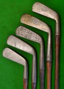 5x early cleek golf clubs - R Forgan POWF smooth face, 2x Carruthers Pat bore'thro and Robert