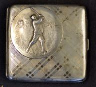 Early 20thc silver golfing cigarette case - with inlaid circular figure of Vic golfer with tartan
