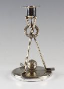 Fine Mappin & Webb Princes silver plated golfing candlestick - comprising 3x golf clubs, guttie golf