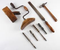 Various Tennis Racket Fabrication Tools - includes Woodworking Plane, a Rasp, Brace Drill for boring