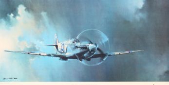 1978 Barrie A.F. Clark Spitfire Colour print depicts a Spitfire, framed measures 106x57cm approx.