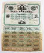 State Of South Carolina - 6% Loan. Bearer Bond for $1,000 1869 - Fine detailed printing with four