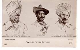 WWI Sikh Officers Postcard - A vintage First World War postcard of Indian Officers drawn by Paul