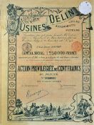 Very Early Automobile & Bicycle Manufacturer Bearer Certificate - S.A.Usine Delin, Cycles,