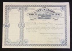 The Londonderry Gold Mine Limited Certificate for 5 shares 1899 - Fine detailed illustration of a