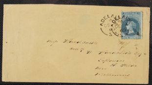 South Australia 1860 QV 6d Roulette Blue Postage Stamp On Envelope - from Adelaide to St Kilda