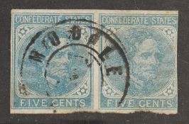 Pair of Confederate 5 cents Stamps used of 1862. With portrait of President Jefferson Davis.