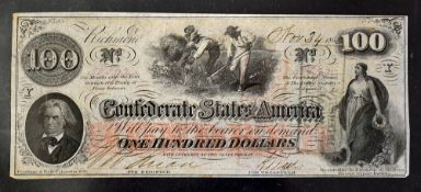 Confederate States Banknote For $100 Richmond 1862. Fine detailed vignette of Slaves hoeing
