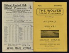1945/46 War League Wolverhampton Wanderers v Millwall home Football Programme and away programme