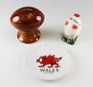 Rugby Ceramics Selection - including rugby ball money box on plinth, overall 5