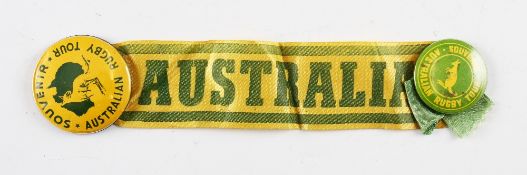 2x Australian rugby tour souvenir pin badges - both with ribbons one inscribed in ink on the reverse