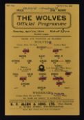 1943/44 War league Wolverhampton Wanderers v Wrexham Football Programme 1st April 1944 single sheet.