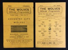 War-time Wolverhampton Wanderers v Coventry City 1944/45 football programme (Dec), 1945/46 (Dec)