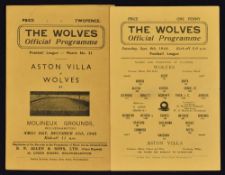 1944/45 War League Wolverhampton Wanderers v Aston Villa Football Programme (September), 1945/46 v