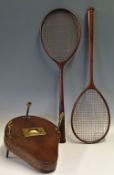 Badminton - Solid Wood and Brass Racket Press and Badminton Rackets the press stamped 'Henry Malings