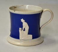 Staffordshire Blue and White Cricket Mug with raised decoration having a beaded rim with Box,