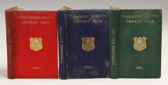 Cricket - Yorkshire County Cricket Club 1908, 1909 and 1910 Year Books - bound in red, blue and