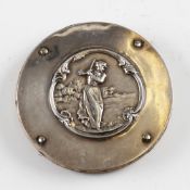Vic white metal pin cushion decorated with period lady golfer to one panel and snake skin rear panel