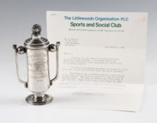 Scarce 1938 John Moores Littlewoods art deco style silver golf trophy - hallmarked Sheffield 1938