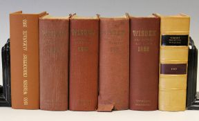 Wisden Cricketers' Almanacks 1955-1960 - 1956 to 1959 hard-back versions, 1955 and 1960 rebound