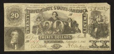 Confederate States of America $20 Banknote 1861. September 2nd. Industry seated behind large 20 with