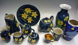 Selection of Modern Ceramics includes vases, tea/coffee set and plate with blue floral