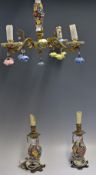 1920s Porcelain/Ormolu 4 Branch Chandelier measures 40cms spread, together with a matching pair of