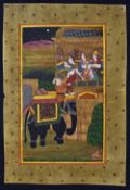 Indian Painting - 'Lovers Escape' depicts female leaving on elephant at night, painting with gold