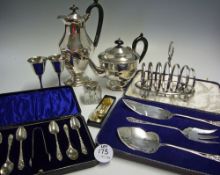 Selection of Silver Plate items to include toast rack, goblets, coffee pot, tea pot, fish servers