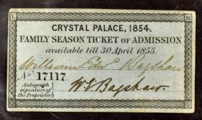 Exhibitions - Crystal Palace, One Year Season Ticket 1854 - Made out to a William Edward Bagshaw and