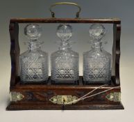 3x Cut Glass Decanters and Tantalus with EPNS fittings and marks, handle to top, comes with key,