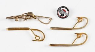 5x various fishing related tie pins: 3x D Mustad stamped gold plated tie pins 2.5