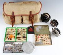 Brady leather and canvas fishing tackle bag and contents: with 2 front pockets and removable