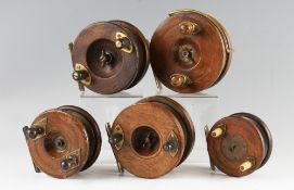 Collection of Wooden and Brass star back reels (5): ranging from 3.5