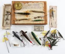 Small collection of interesting lures and baits: to incl Patent nickel lure, Archer dead bait mount,