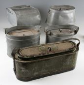 Live Bait Kettles (5): interesting collection to incl elongated green painted oval tin with mesh lid