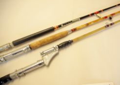 3x various glass fibre sea rods to incl interesting Martin James Stabilizer with chrome off set reel