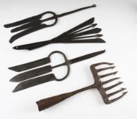 Collection of early wrought iron eel spears (4): 2x with 3 serrated blades overall 16.5