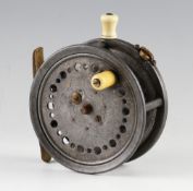 Scarce and rare Dingley Silex style alloy salmon fly reel: 4.25 inch dia, single row perforations to
