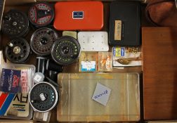 Box of reels, flies, spinners etc: 5x fly reels to incl the Intrepid Rimfly King Size with spare