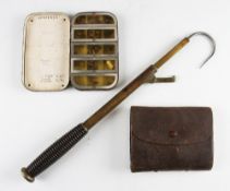 Early fly tin, wallet and gaff: Black japanned dry fly tin with approx. 75 flies; leather wallet
