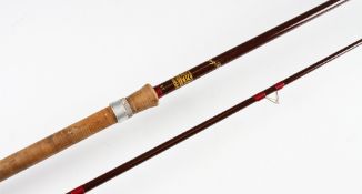 Fine Hardy Swingtip glass fibre rod: 8ft 9in 2pc with red whipped guides and agate lined tip -