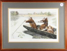 Fishing Etching: hand coloured and titled 