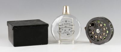 A. Hardy cognac glass hip flask and Shakespeare salmon reel (2): comprising A. Hardy 